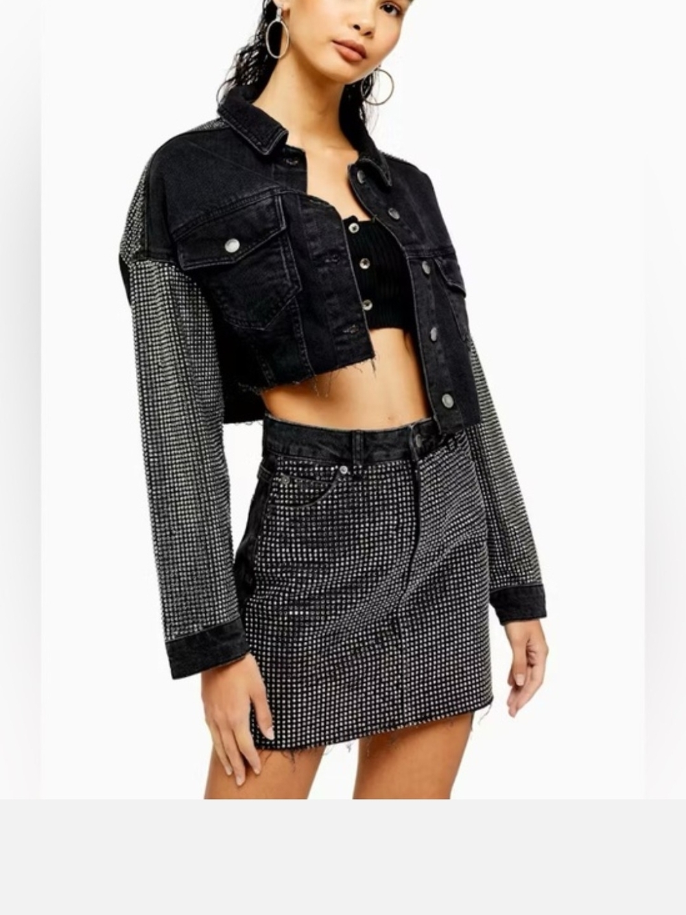 Topshop Black Cropped Denim Jacket with Rhinestone-Embellished Sleeves